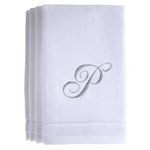 Monogrammed Towels Fingertip, Personalized Gift, 11 x 18 Inches - Set of 4- Silver Embroidered Towel - Extra Absorbent 100% Cotton- Soft Velour Finish - For Bathroom/ Kitchen/ Spa- Initial P (White)