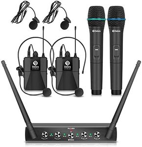 Debra Audio Pro UHF 4 Channel Wireless Microphone System with Cordless Handheld Lavalier Headset Mics, Metal Receiver, Ideal for Karaoke Church Party (with 2 Handheld & 2 Body Pack (A Frequency))