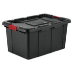 Sterilite 27 Gal Industrial Tote, Stackable Storage Bin with Latching Lid, Plastic Container with Heavy Duty Latches, Black Base and Lid, 12-Pack