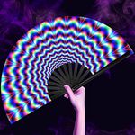 OMyTea UV Glow Rave Fan Foldable for Women/Men/Drag Queen - Large Clack Festival Folding Hand Fan - for EDM, Music Festival, Event, Party, Dance, Performance (Trippy)