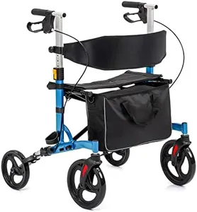 Widen Seat Rolling Walkers for Seniors Double Folding Rollator Walkers Lightweight Aluminium Frame Rollator Walker/Comfort Handles with Dual Braking System/Thick Backrest/ 4 Wheels(Blue)