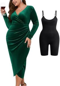 ZOMVA Plus Size Velvet Wrap Dress Ruched Bodycon Dress Long Sleeves Ruffle Long Elegant Party Wedding Guest Cocktail, Emerald Green & Black Shapewear, 5X-Large Plus