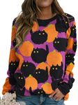 Sxkayxr Women Halloween Pumpkin Black Cats Print Sweatshirt Casual Graphic Loose Fit Pullover Comfy Fashion Festival Cute Top