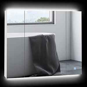 kleankin LED Medicine Cabinet, 35.5 x 29.5 Wall-Mounted Bathroom Vanity Mirror Organizer with Dimmer Touch Switch, Three Doors, and USB Charged, White