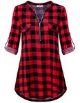 JCZHWQU Women's Zip Up V Neck 3/4 Rolled Sleeve Casual Tunic Shirt, 01# Plaid Red 02, XXL