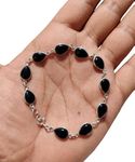 Silver Bracelet Natural 7x10 MM Pear Shape Semi Precious Gemstone 925 Sterling Silver Handmade Link Chain 7.5 to 8 Inches Adjustable Bracelet (Black Onyx)