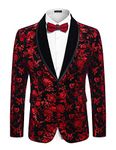 COOFANDY Men's Floral Tuxedo Jacket Shawl Lapel One Button Velvet Suit Jacket Dinner Prom Party Wedding Blazer Red