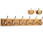 LARHN Wall-Mounted Coat Rack - 6 Matt-Nickel Triple Coat Hooks for Wall on Stylish Wooden Bamboo Base - 59 cm - All Fixings Included