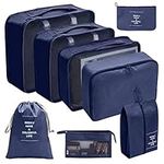 PROMUN 8 Set Luggage Organizer, Travel Packing Cubes with Shoes Bag, Waterproof Mesh Luggage Compression Pouches (Dark Blue)