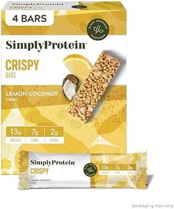 Simply Protein - Lemon Coconut Crispy Bars - Plant Based Protein Bars - Low Carb, Low Sugar, High Fiber - 13g Protein, 2g Sugar, 7g Fiber - Vegan, Gluten Free, Non GMO, Kosher - 4 Bars