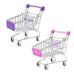 Mini Shopping Cart Trolley, 2 Pcs Storage Basket Kids Toy, Make Up Holder Rack Storage Stainless Metal Racking for Desktop Decoration (Pink & Purple)