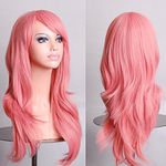 YEESHEDO Women's 28" 70 cm Cosplay Wig Long Wavy Curly Hair Ends with Bangs Wigs for Girls Heat Resistant Synthetic Wig for Party Costume Anime Halloween (Rouge Pink)