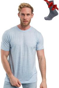 Merino.tech Merino Wool T Shirt Mens - Merino Wool Base Layer Men Undershirt Lightweight + Hiking Socks (Arctic Blue, Large)