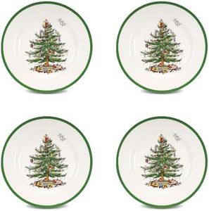 Spode Christmas Tree 10.5" Dinner Plate (Set of 4) - Festive Holiday Stoneware Plate with Christmas Tree & Green Borders, Microwave, Dishwasher, Freezer, Oven Safe - Collectible Holiday Tableware