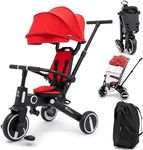 FYLO Xplor Kids Trike Foldable Compact Portable Tricycle Toddler With Parent Handles Includes Travel Bag Raincover Ages 18m - 5y - Fire Red