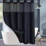 Extra Long No Hook Shower Curtain with Snap in Liner Set, Hotel Luxury Black Fabric Shower Curtains for Bathroom with See Through Top Window, Washable, Waterproof 71W x 84H