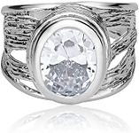 JEAN RACHEL JEWELRY 925 Sterling Silver Ring With White Oval Clear Cubic Zirconia Bezel, Hypoallergenic, Nickel and Lead-free, Artisan Handcrafted Designer Collection, Made in Israel