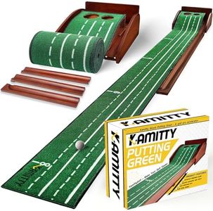 Kamitty Putting Matt for Indoors, Wooden Putting Green with Automatic Ball Return, 8ft Velvet Crystal Mat, Golf Gifts Golf Accessories for Men