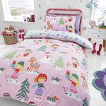 Happy Linen Company Kids Girls Festive Christmas Tree Ice Skating Sausage Dog Pink Toddler Reversible Duvet Cover Bedding Set