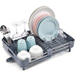 kingrack Extendable Dish Draining Rack, Stainless Steel, Foldable Dish Draining Rack with Removable Cutlery Holder and Anti-Scratch Holder, Adjustable Dish Draining Rack with Swivel Drainage Spout,