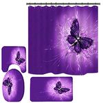 4 Piece Butterfly Shower Curtain Bathroom Sets with Bath Rugs Accessories, Abstract Butterflies Flowers Tub Curtains Hooks Set Mats, Purple Beige Yellow Floral Bath Room Decor (Dark Purple)