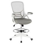 COSTWAY Mesh Drafting Chair, Ergonomic Swivel Office Chair with Adjustable Footrest, Height Adjustable Padded Executive Task Computer Desk Chairs (with Flip-up Armrests, 70 x 70 x 133cm, White)