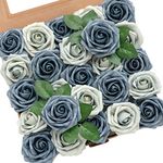 Ling's moment Artificial Flowers 25pcs Real Looking Dusty Blue Fake Roses w/Stem for DIY Wedding Bouquets Centerpieces Bridal Shower Party Home Decorations