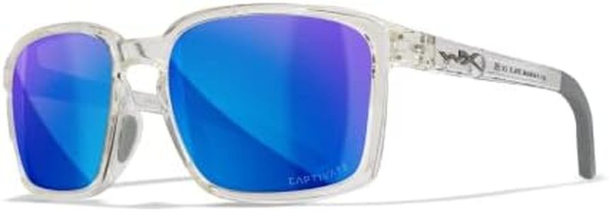 Wiley X WX Alfa Captivate Polarized Sunglasses, Safety Glasses for Men and Women, UV Eye Protection for Shooting, Fishing, Biking, and Extreme Sports, Crystal Clear Frames, Blue Mirror Lenses