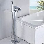 Chrome Freestanding Bath Tap Rozin Bathroom Floor Mounted Tub Tap Waterfall Spout with Handheld Shower Cold and Hot Single Handle Tap