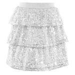 Bezioner Girls Sequin Skirt Layered Glitter Skirt Sparkly Ruffle Skirt Elastic Waist Sequin Skater Skirt for Kids Silver 150(55-59”/140-150 cm,10-12 years)