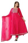 Radhika fashion Women's Rayon 3/4 Sleeves Round Neck Embroidery Work Anarkali Gown with Dupatta & Pant Set (S) Red