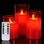 XERGY Glass Battery Operated Flameless Led Candles with 10-Key Remote and Timer, Real Wax Candles Warm White Flickering Lights for Home Decoration (Set of 3) (RED)