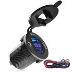 MICTUNING Quick Charge 3.0 Car Charger 12V-24V Dual USB Socket with LED Digital Voltmeter and Wire Fuse kit