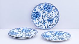 GOLDEN QUEEN'S Bone China Snack Plates - Set Of 4 For Desserts, Small Bites, Appetizers | 7 Inches Wide | Microwave Safe -Saphhire Bloom, Blue