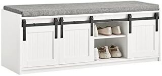 Haotian White Rustic Style Storage Bench with Sliding Barn Doors & Padded Seat Cushion, Hallway Bench, Shoe Cabinet, Window Shoe Bench, FSR133-W