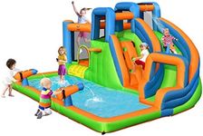 GYMAX Inflatable Water Park, 6 in 1 Kids Bouncy Castle with Slide, Splash Pool, 2 Climbing Walls, 2 Water Cannons, Jumping Area & Basketball Hoop, Children Bounce House for 3-12 Years Old