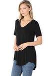 Zenana Luxe Rayon Short Sleeve V-Neck HI-Low Hem TOP Black 1X