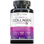 Multi Collagen Pills with Hyaluronic Acid & Vitamin C: 5 Type Hydrolyzed Collagen Protein Peptides, Types I II III V X, 30 Servings, 90 Capsules