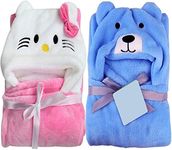 BRANDONN New Born Baby Blanket Cum Baby Bath Towel Cum Baby Bath Robe Combo Pack of 2, Fleece, Pink Kitty, Blue Dog, Multi