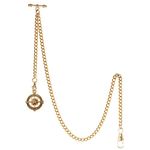 Treeweto Pocket Watch Chain with T-Bar End Piece, Albert T-Bar Pocket Watch Chain with Antique Compass Pendant and 2 Hooks for Vest Buttonhole, Gold