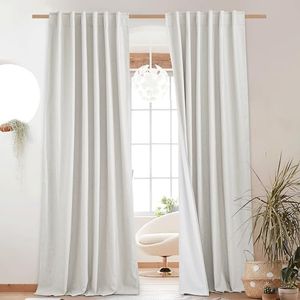 NICETOWN Ivory 100% Blackout Linen Curtains 2 Panels, Back Tab & Rod Pocket Completely Blackout Linen Curtains Vertical Drapes with Thermal Insulated White Liner for Bedroom, 52" W x 90" L
