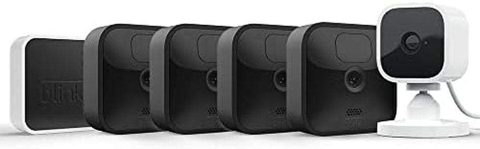 Blink Outdoor security camera with two-year battery life | 4-Camera System + Blink Mini Indoor Pet Camera (1 Camera) | Motion Detection, Blink Subscription Plan Free Trial