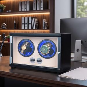 GOCHIFIX Double Watch Winder for Automatic Watches, Quiet Japanese Motor with 4 Rotation Modes & Auto-Stop, Blue LED Illuminated, Dual Power Supply, Luxury Watch Box Gift for Man/Woman's Watches