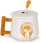 Anyuainiya 3D Shiba Dog Cute Coffee Mug, Pattern Inside 500ML Cup with Opening Lids and Lovely Matching Cute Paw Spoon, Kawaii Morning Cup Tea Milk Mug Present for Office Families and Friends (White)