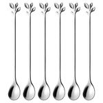 AnSaw 6-Piece Elegant Silver Leaf Long Handle Teaspoons - 7.4" Stainless Steel Stir Spoons for Coffee & Tea, Perfect for Mixing & Stirring