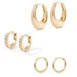 3Pairs Gold Hoop Earrings Set for Women 14K Small Huggie Cubic Zirconia Earrings for Multiple Piercing Hypoallergenic Trendy Jewelry Flat Back Earring Set Small Hoop Dainty Gold Earrings for Girls