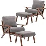 Wahson Set of 2 Mid Century Arm Chairs and Ottomans, Upholstered Accent Armchair with Wood Frame and Canvas Cushions, Leisure Slipper Chair for Living Room/Bedroom, Grey