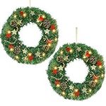 Lulu Home Hanging Christmas Wreaths, Pre-lit Xmas Wreaths with Warm White Lights, Artificial Front Door Wreaths Adorned with Stars Pinecones Golden Berries Chain (14" Dia Wreath - 2 Packs)