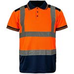 MyShoeStore Hi Viz Vis High Visibility Polo Shirt Reflective Tape Safety Security Work Button T-Shirt Breathable Lightweight Double Tape Workwear Top (Orange/Navy Short Sleeve, 2XL)