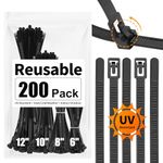 Reusable Zip Ties Assorted Sizes 6+8+10+12 Inch 200 Packs Releasable Zip Tie Heavy Duty Round Ending No Hurt Removable Cable Ties Reusable Indoor Outdoor Tie Wraps for Wire No Slip Off(200, Black)…